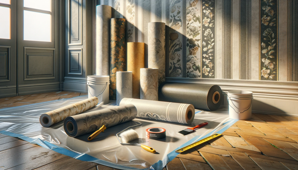 DALL·E 2023-11-21 17.05.57 - A Full HD image in photorealistic style showing rolled wallpaper lying on the floor, waiting to be applied. The wallpaper rolls should be realistic, w.png